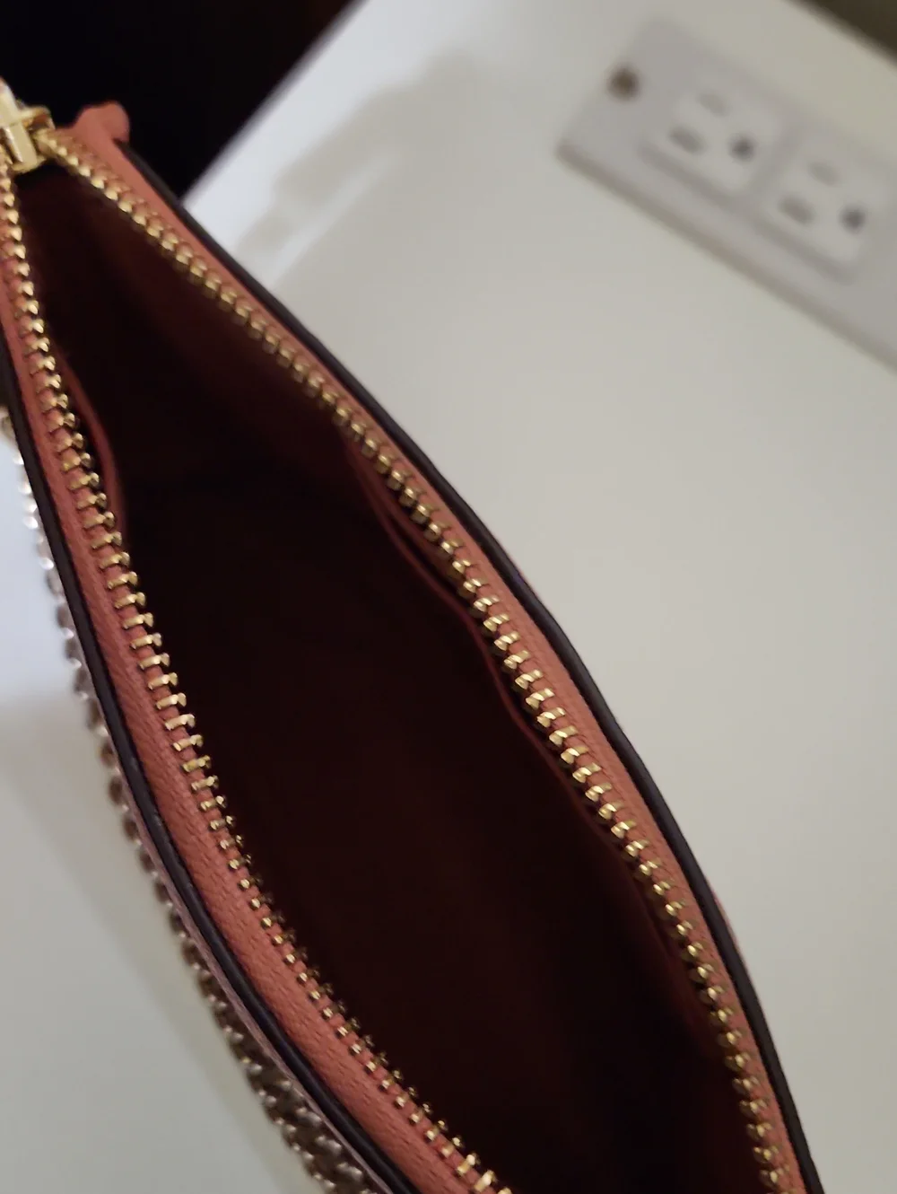 Coach Pebble Leather Shoulder Wristlet in Dusty Rose with Gold Chain